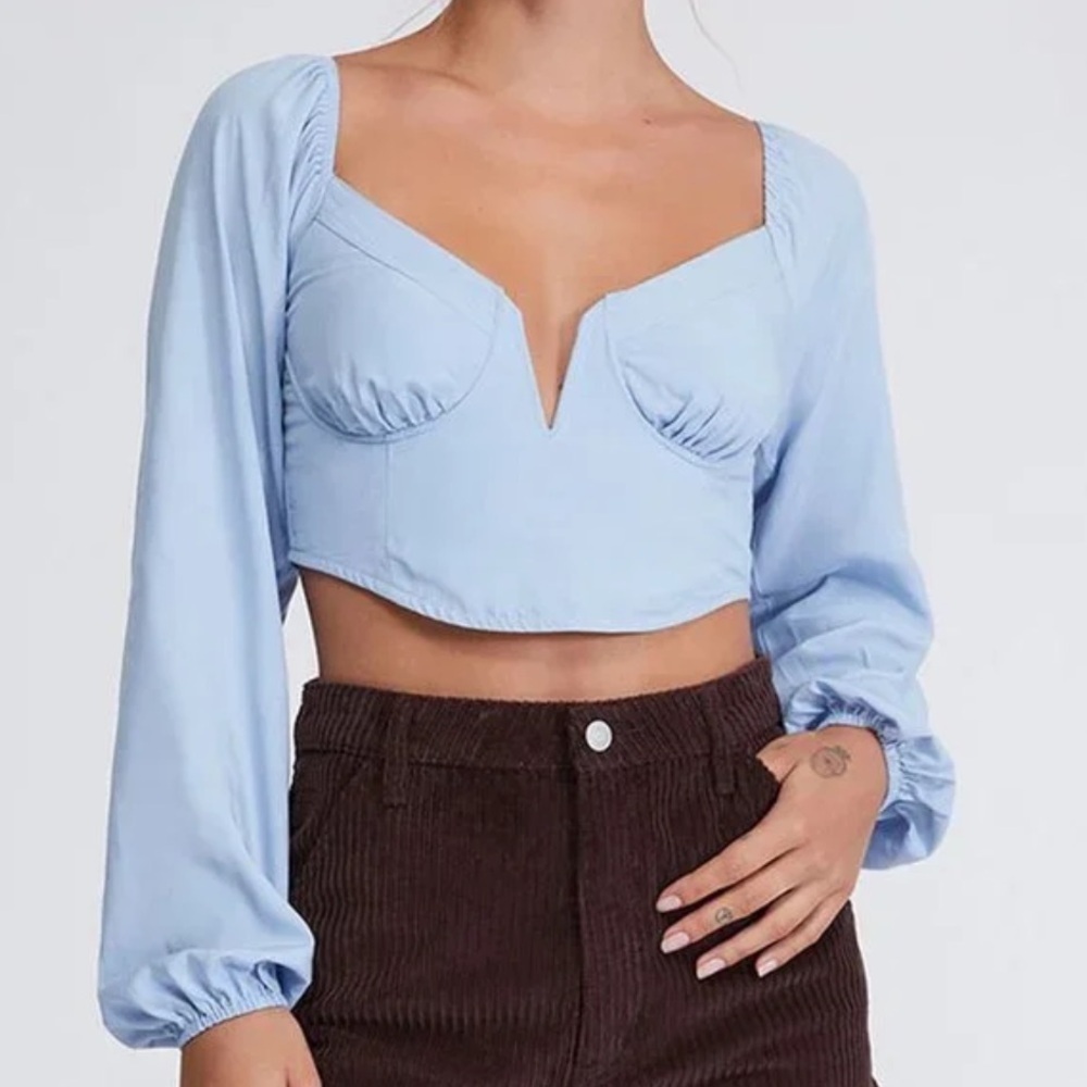 LA Hearts PacSun Women M Blue Notched V-Neck Long Sleeve Cropped Corset Top NWT